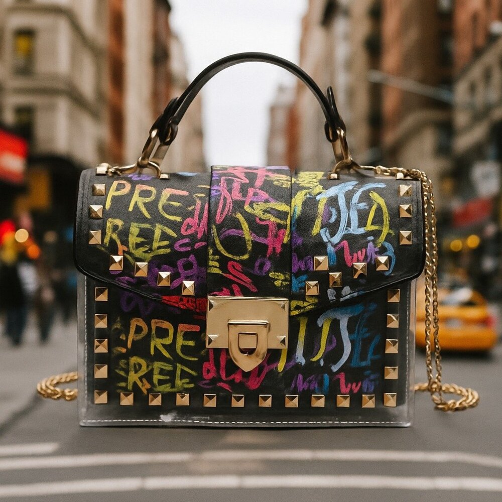 Graffiti Print Clear 2pc Crossbody Clutch w/ Studs & Removable Zippered Pouch